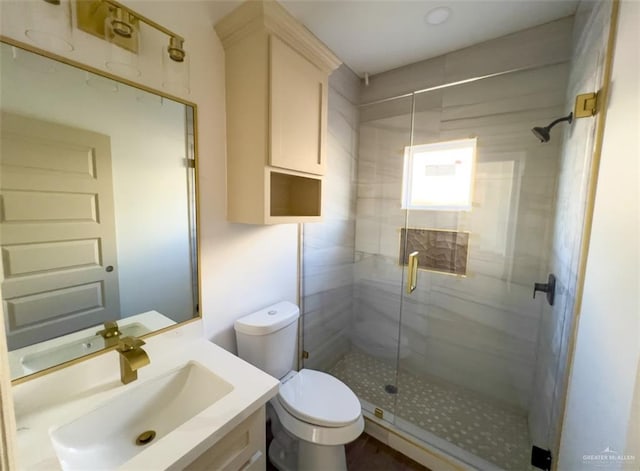 bathroom featuring toilet, a shower with door, and vanity