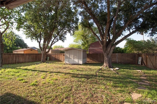 view of yard with a fenced backyard, a storage unit, and an outbuilding