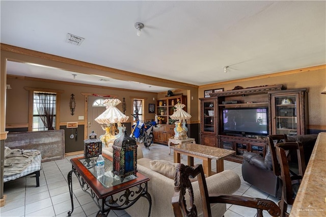 living room featuring light tile patterned flooring