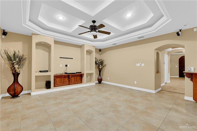 3218 Lerma Dr, Edinburg, TX 78539 - unfurnished living room with ceiling fan, arched walkways, light tile patterned floors, coffered ceiling, and recessed lighting
