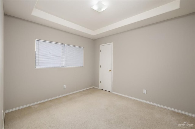 unfurnished room featuring a raised ceiling and light carpet