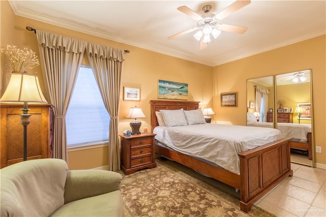 tiled bedroom with ceiling fan and crown molding