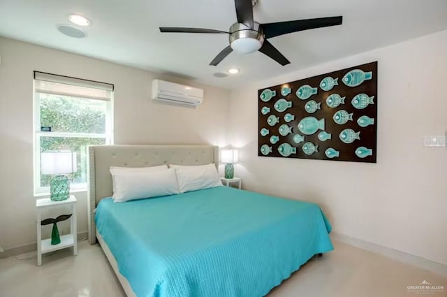 bedroom with ceiling fan, an AC wall unit, and recessed lighting