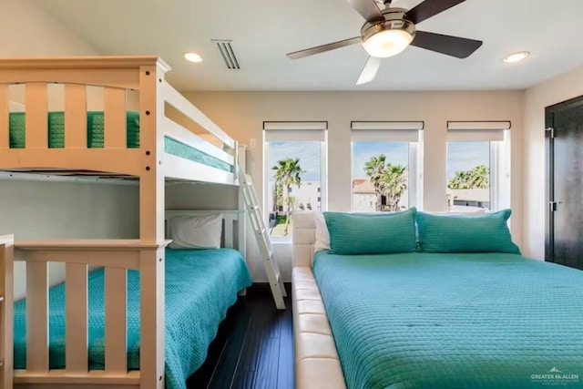 bedroom with recessed lighting, visible vents, ceiling fan, and wood finished floors