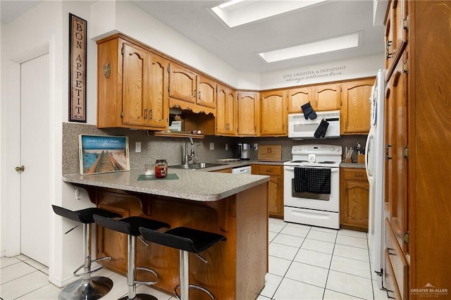 kitchen with a breakfast bar, sink, kitchen peninsula, white appliances, and decorative backsplash