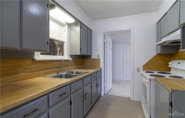 kitchen featuring electric range, crown molding, gray cabinetry, and sink