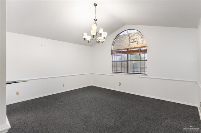 2408 River Oaks Ln, Edinburg, TX 78539 - empty room featuring vaulted ceiling, dark colored carpet, a chandelier, and baseboards