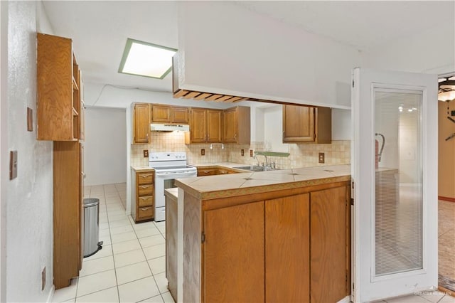 2408 River Oaks Ln, Edinburg, TX 78539 - kitchen featuring white range with electric cooktop, a sink, a peninsula, tasteful backsplash, and under cabinet range hood