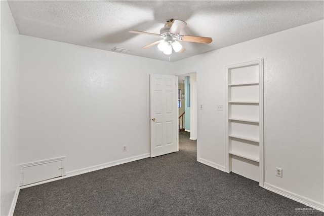 2408 River Oaks Ln, Edinburg, TX 78539 - unfurnished bedroom featuring dark colored carpet, a textured ceiling, baseboards, and ceiling fan