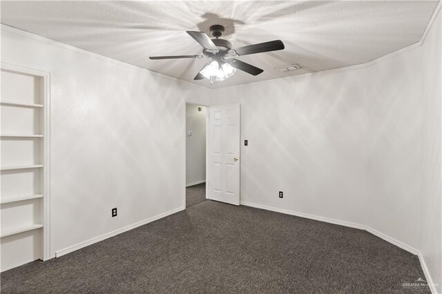 2408 River Oaks Ln, Edinburg, TX 78539 - spare room with dark colored carpet, ceiling fan, crown molding, and baseboards