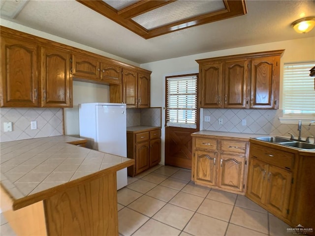 9401 N Fm 1015, Mercedes, TX 78570 - kitchen featuring a peninsula, freestanding refrigerator, plenty of natural light, and a sink