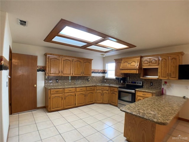 9401 N Fm 1015, Mercedes, TX 78570 - kitchen featuring stainless steel range with electric cooktop, brown cabinetry, backsplash, light tile patterned flooring, and a sink