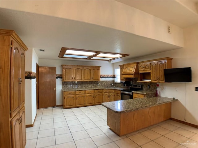9401 N Fm 1015, Mercedes, TX 78570 - kitchen with stainless steel range with electric stovetop, a peninsula, brown cabinetry, tasteful backsplash, and dark countertops
