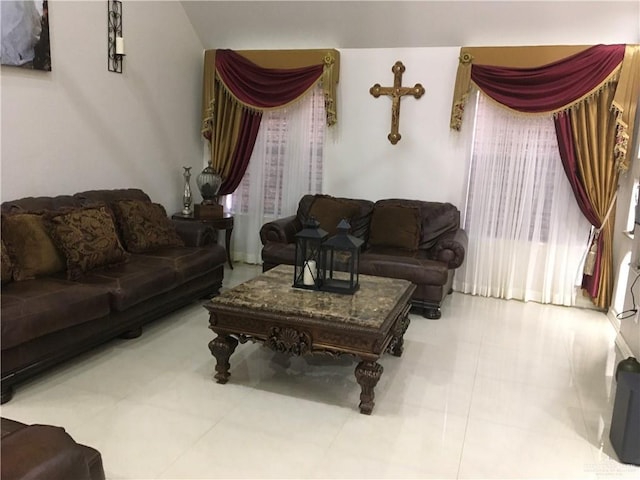 living room featuring tile patterned flooring