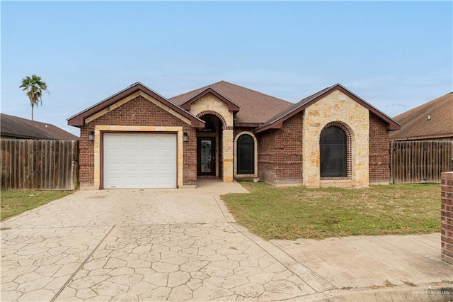 single story home featuring a front lawn and a garage