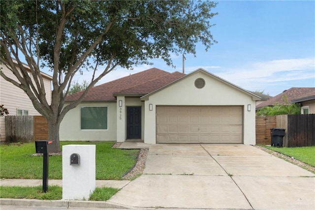 single story home featuring a front yard and a garage