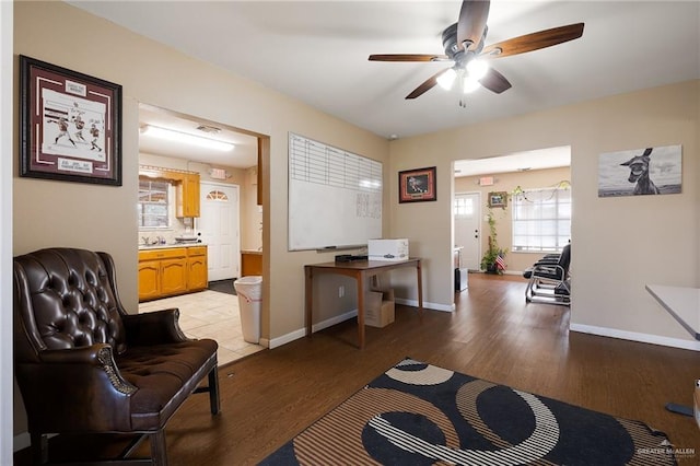 office space featuring ceiling fan and wood-type flooring