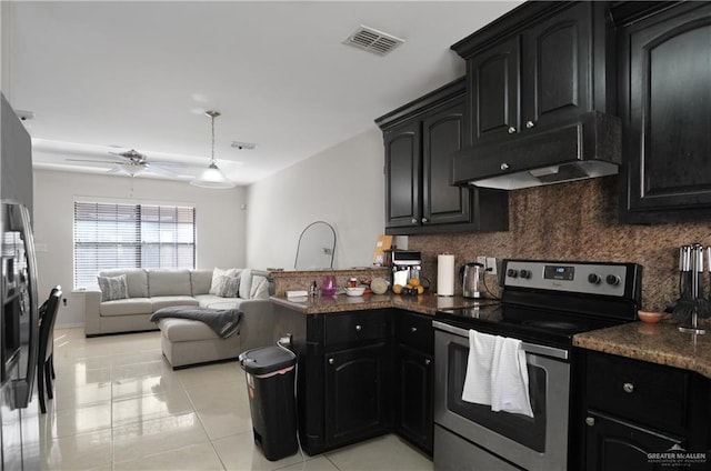 kitchen with light tile patterned floors, tasteful backsplash, ceiling fan, and stainless steel electric range