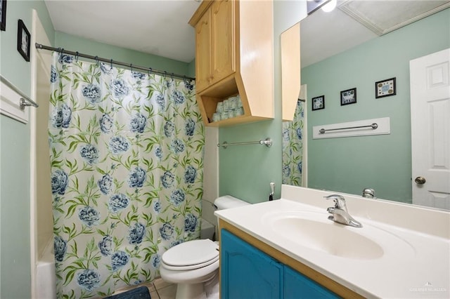 1504 Prosperity Dr, Edinburg, TX 78541 - bathroom featuring toilet, vanity, shower / bath combo with shower curtain, and tile patterned floors