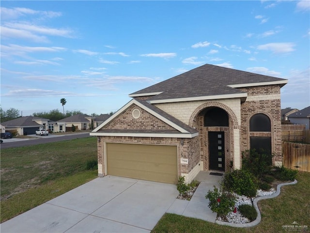 view of front facade featuring concrete driveway, brick siding, an attached garage, and a front yard