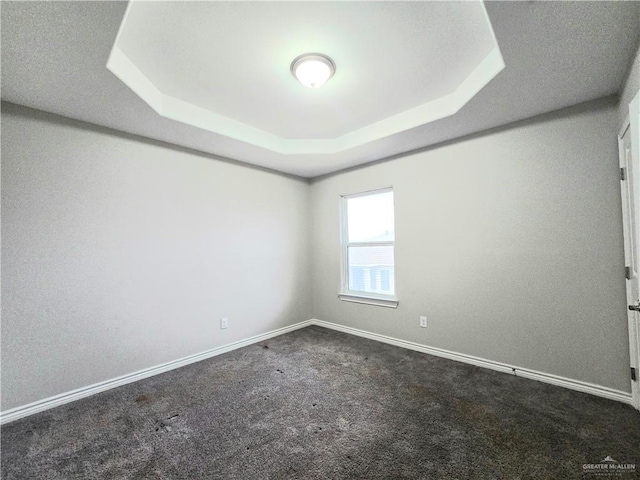 carpeted spare room featuring a raised ceiling and baseboards