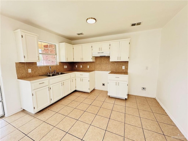 kitchen featuring backsplash, white cabinetry, and sink