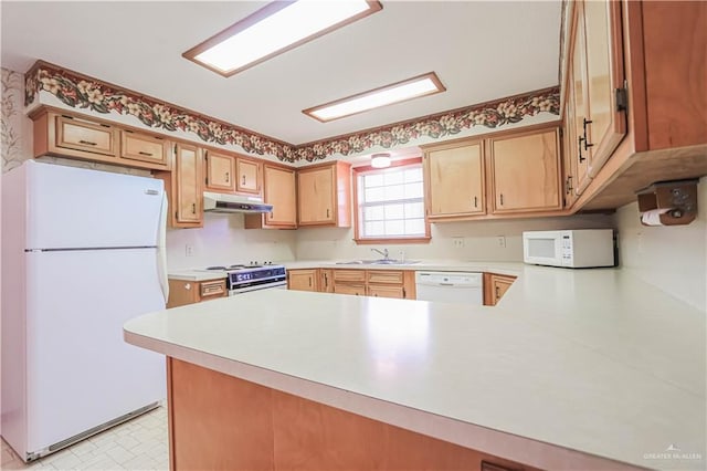 kitchen featuring kitchen peninsula, sink, and white appliances