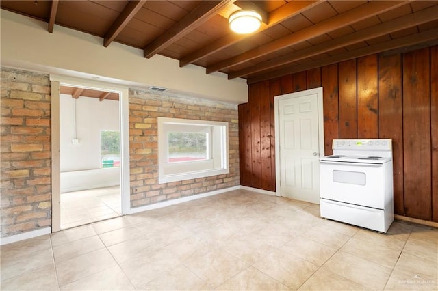 kitchen featuring beam ceiling, wooden walls, wooden ceiling, and white range with electric cooktop