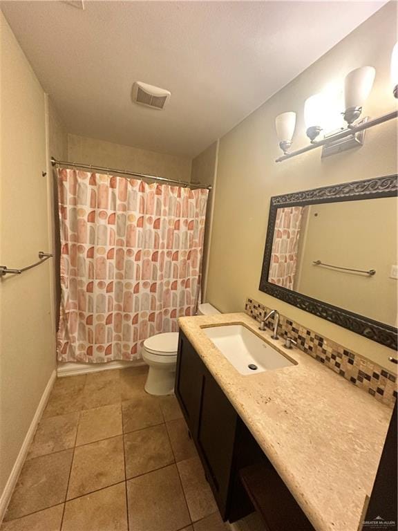 full bathroom featuring shower / bath combination with curtain, backsplash, tile patterned flooring, vanity, and toilet