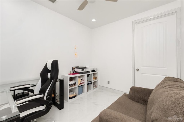 3108 E Bella Vista Ave, Alton, TX 78573 - office area featuring marble look tiles, ceiling fan, and recessed lighting