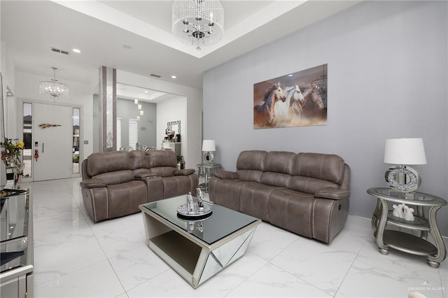 3108 E Bella Vista Ave, Alton, TX 78573 - living room featuring a chandelier, light marble finish floors, and recessed lighting