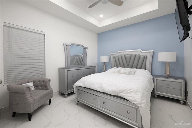 3108 E Bella Vista Ave, Alton, TX 78573 - bedroom featuring light marble finish flooring, recessed lighting, a ceiling fan, baseboards, and a tray ceiling
