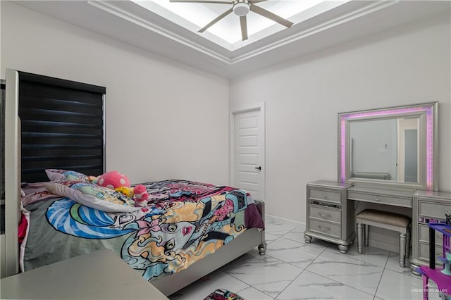 bedroom featuring marble finish floor and a ceiling fan