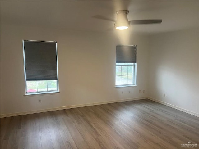 empty room with ceiling fan and light hardwood / wood-style flooring