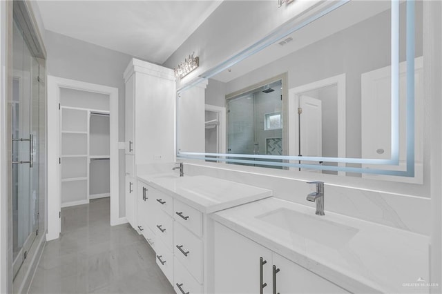 bathroom with a sink, a shower stall, double vanity, and a spacious closet