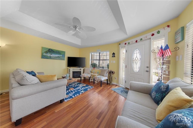 210 W Oleander St Unit B, South Padre Island, TX 78597 - living room featuring a tray ceiling, wood finished floors, and healthy amount of natural light