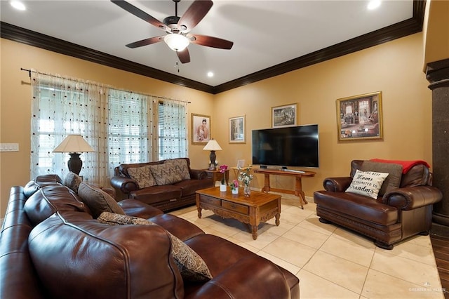 living room with ceiling fan, ornamental molding, and light tile patterned floors