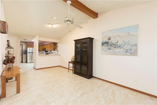 living room with lofted ceiling with beams and ceiling fan