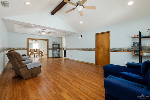 501 Capricorn St, Mission, TX 78572 - living room featuring lofted ceiling with beams, light wood-type flooring, visible vents, recessed lighting, and ceiling fan