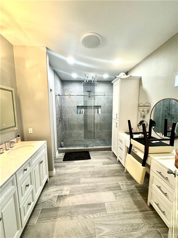 bathroom with vanity and walk in shower