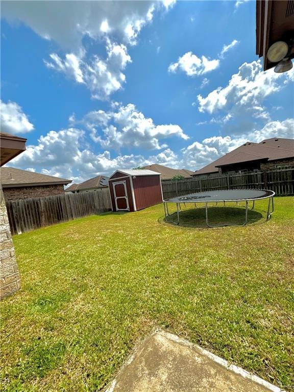 view of yard with a shed and a trampoline