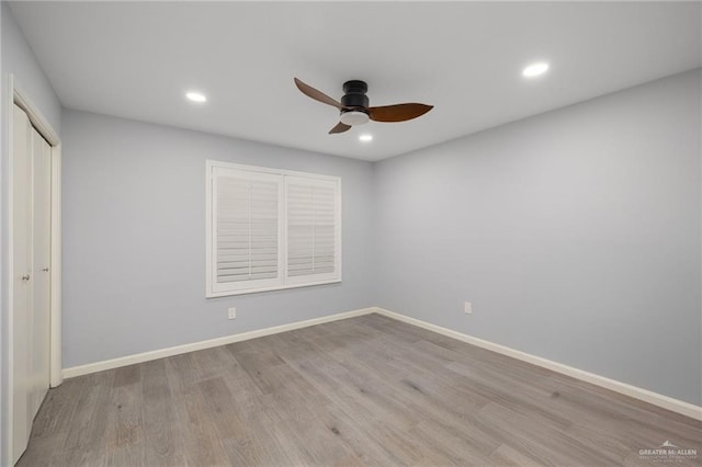 106 E Ithaca Ave, Mcallen, TX 78501 - unfurnished bedroom with wood finished floors, recessed lighting, baseboards, a closet, and ceiling fan