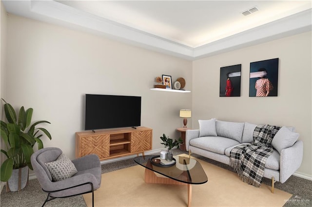 1711 Solar Dr, Mission, TX 78574 - carpeted living room featuring a tray ceiling and baseboards