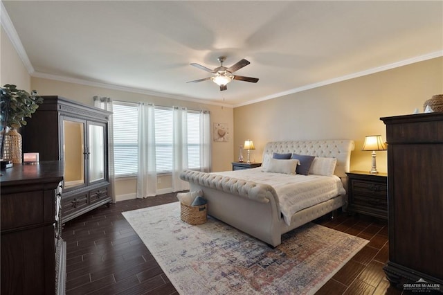 3502 Plantation Grove Blvd, Mission, TX 78572 - bedroom with dark wood-style flooring, ornamental molding, and a ceiling fan