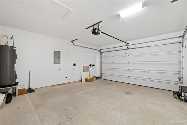 garage with electric water heater, a garage door opener, and electric panel