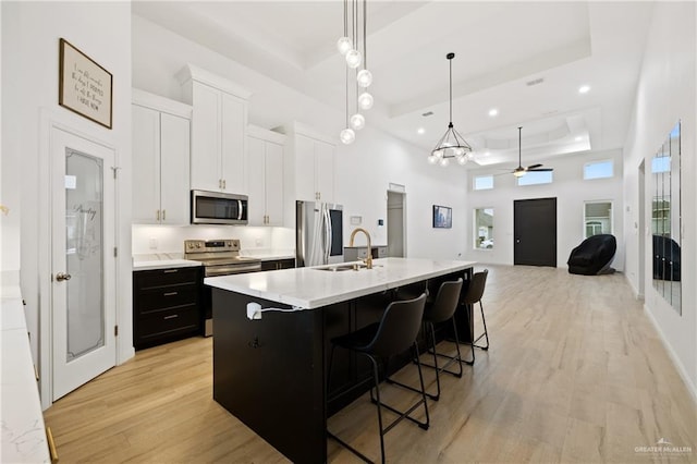 kitchen featuring a raised ceiling, sink, ceiling fan, an island with sink, and stainless steel appliances