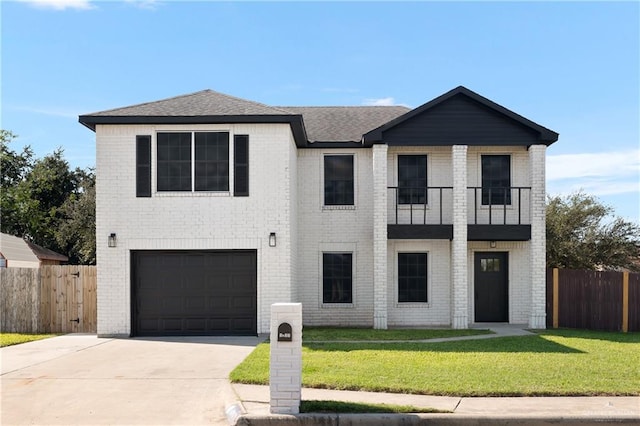 view of front of property with a garage, a balcony, and a front lawn