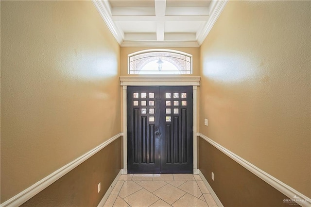 doorway to outside with coffered ceiling, light tile patterned floors, beam ceiling, and ornamental molding