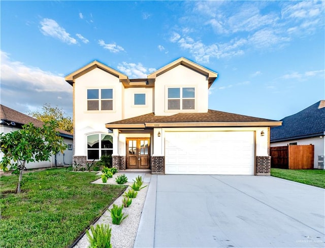 view of front of property with french doors and a front lawn