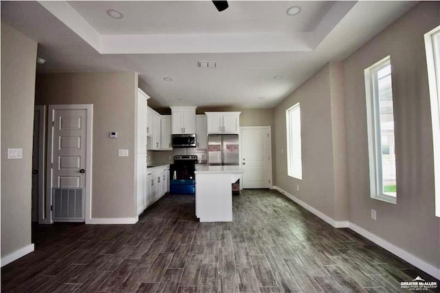 3131 Stark Rd, Weslaco, TX 78596 - kitchen featuring appliances with stainless steel finishes, a tray ceiling, white cabinets, dark wood-style flooring, and light countertops